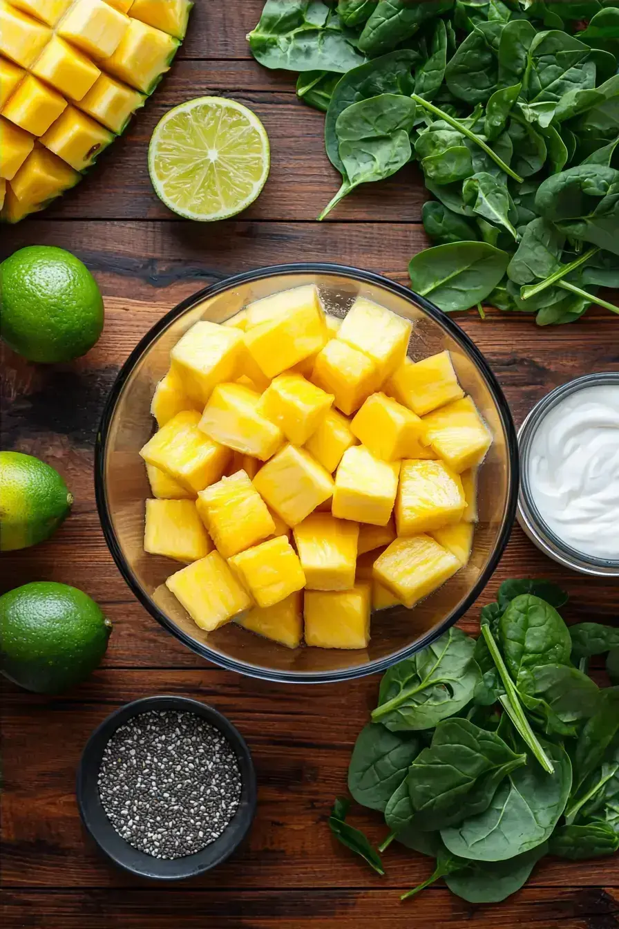 Fresh ingredients for a Tropical Smoothie Detox on a wooden counter