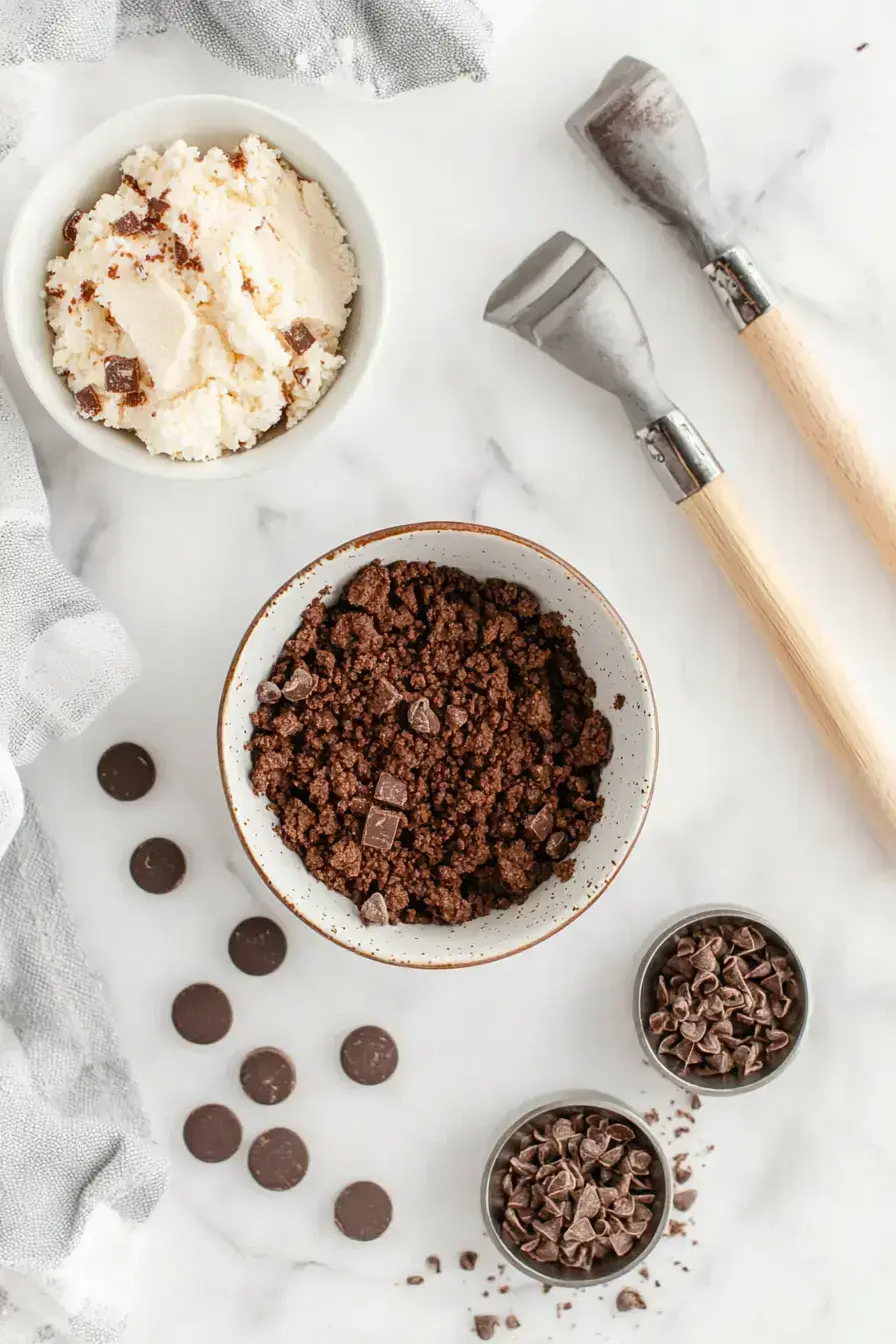 Ingredients for making a chocolate turtle cheesecake laid out