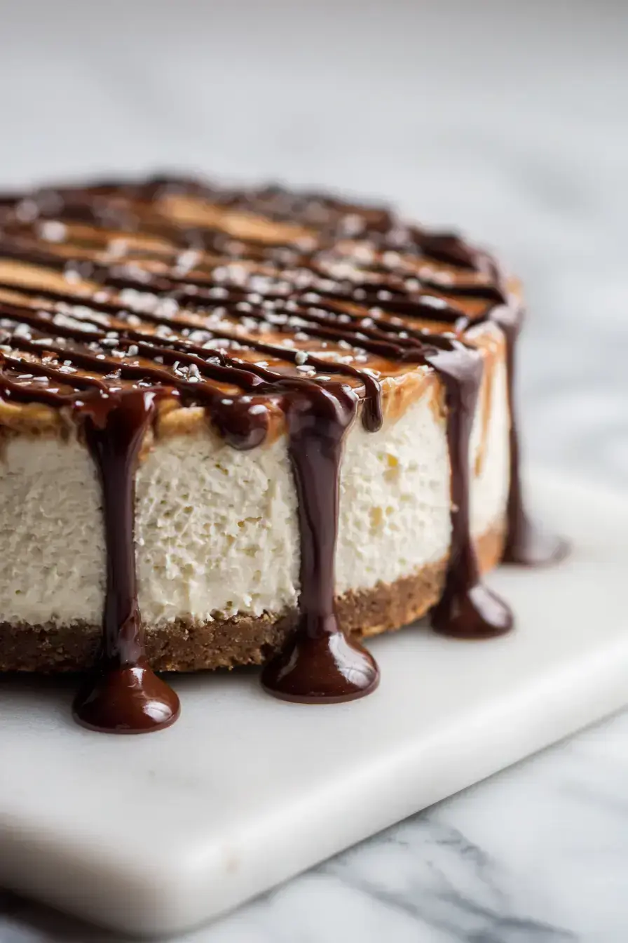 A beautifully served slice of Turtle Cheesecake with extra caramel and pecans