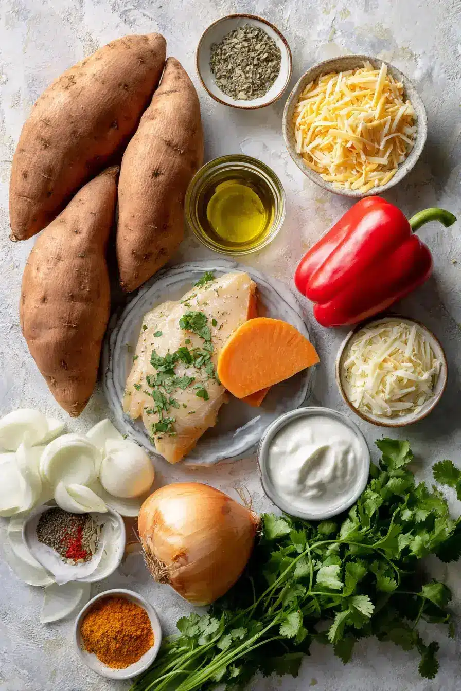 Ingredients for Twice Baked Sweet Potatoes Fajitas arranged neatly