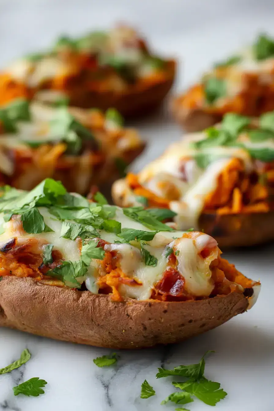 Beautifully plated Twice Baked Sweet Potatoes Fajitas with fresh garnishes and side dishes