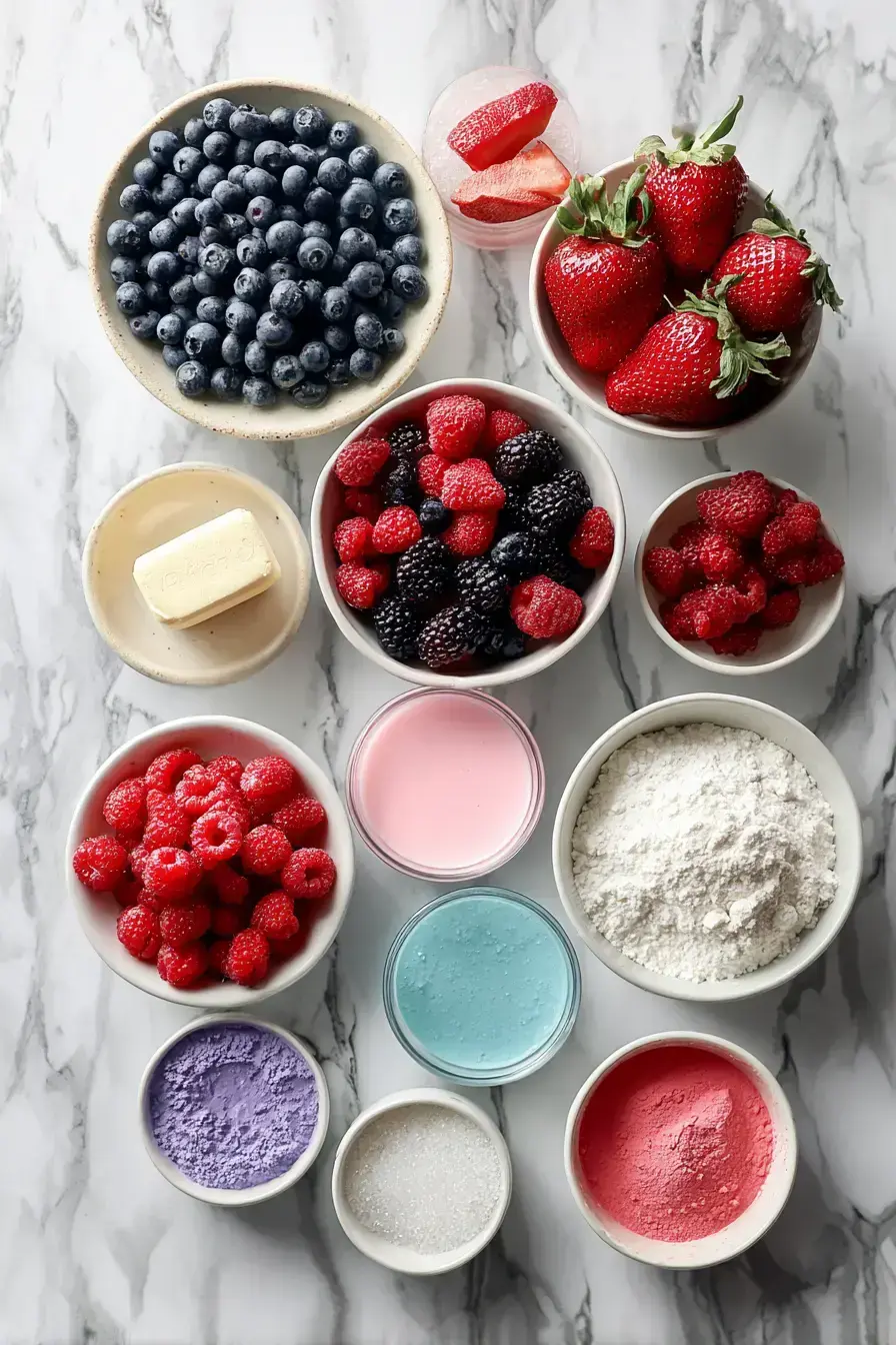 Assembled ingredients for a magical Unicorn Berry Pie on a rustic table