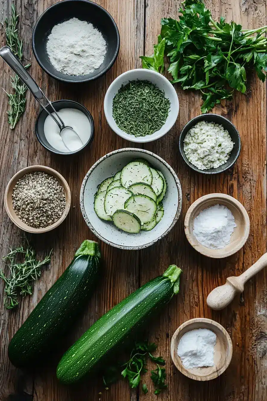 Fresh ingredients for making crispy zucchini fritters ready on a rustic table