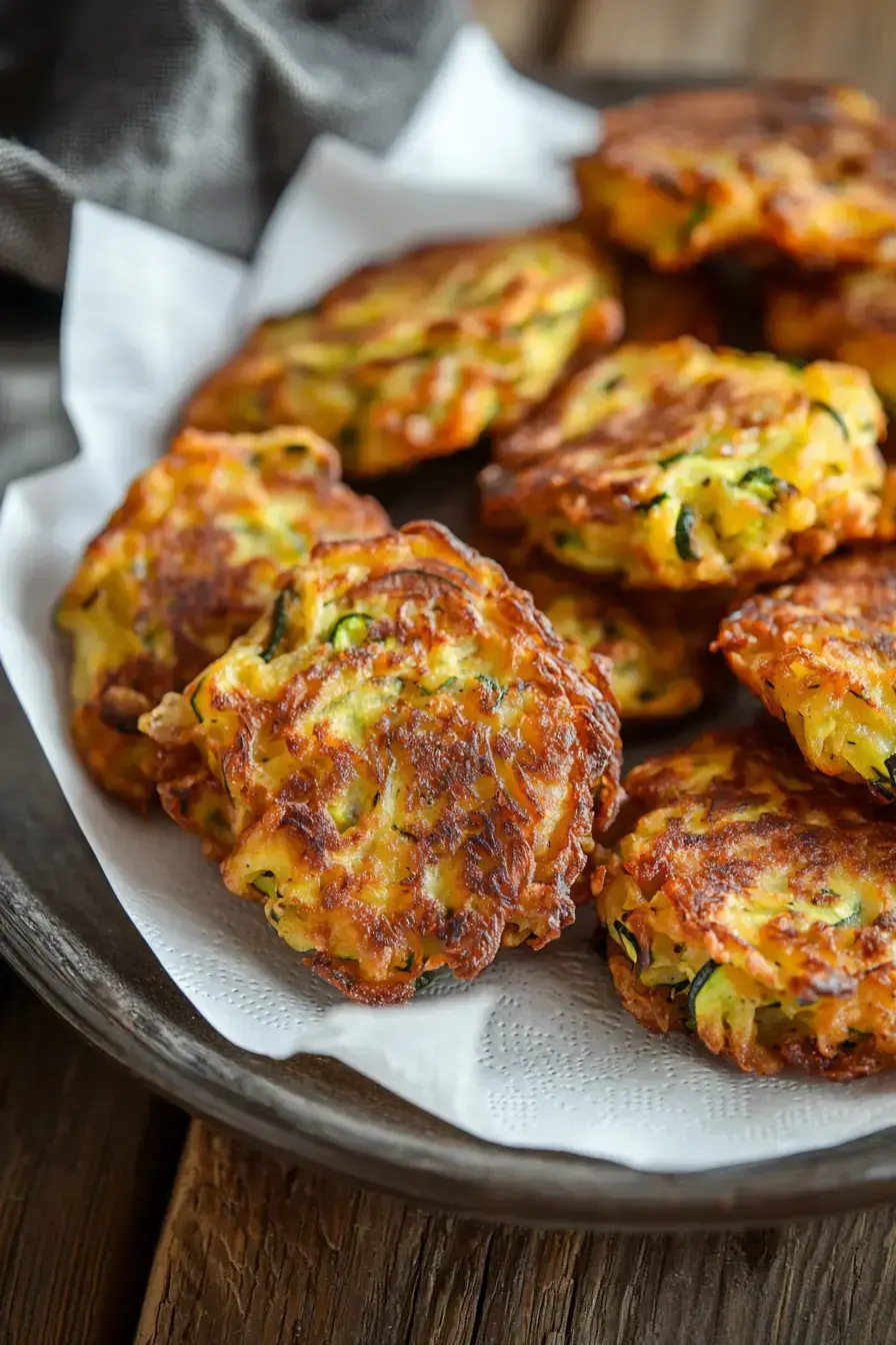 Zucchini fritters served with fresh herbs and lemon wedges on a rustic wooden table
