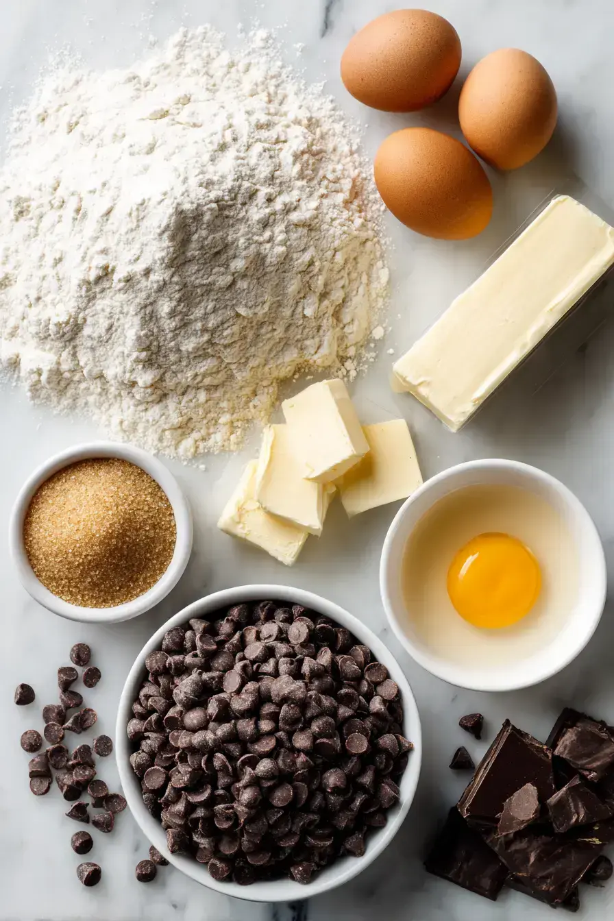 All the ingredients for classic chocolate chip cookies laid out on a counter