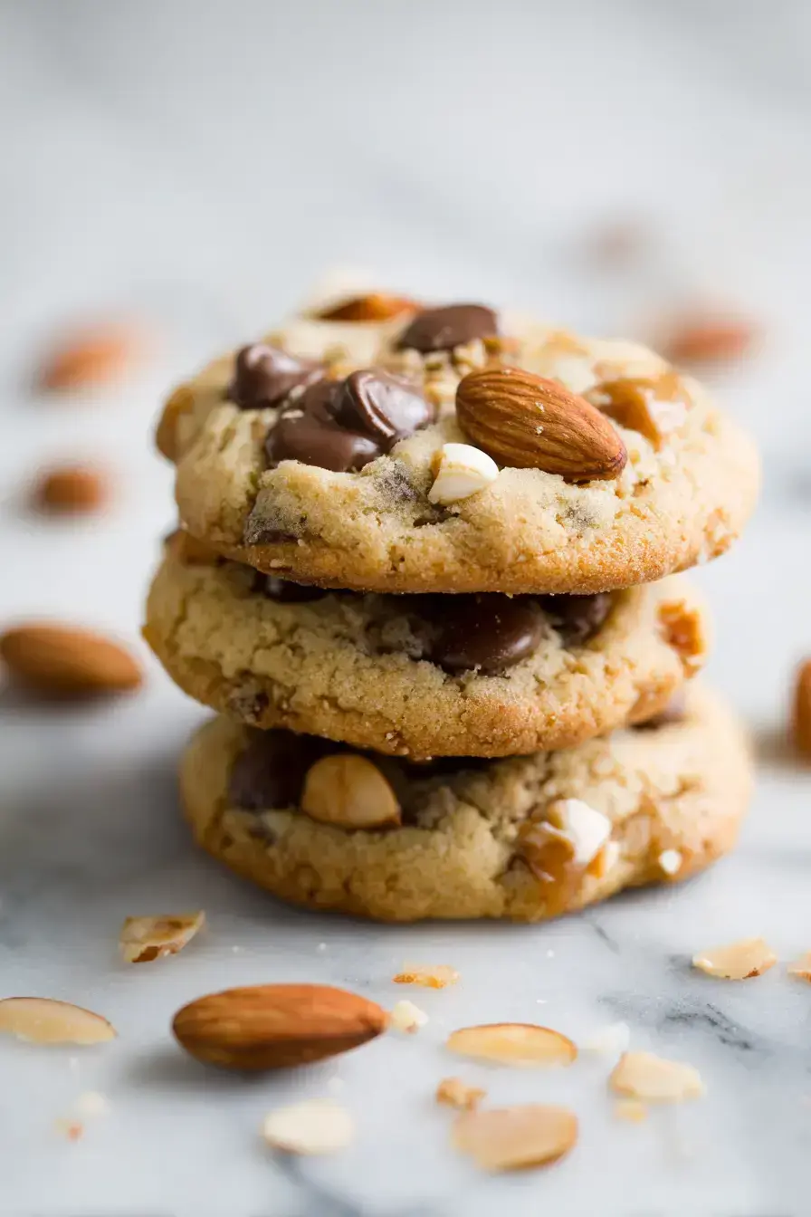 A plate of Almond Caramel Crunch Cookies served with a glass of milk for dipping
