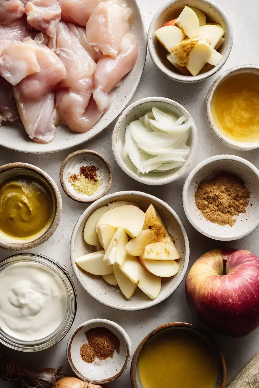Ingredients for Apple Cider Chicken Skillet recipe arranged beautifully
