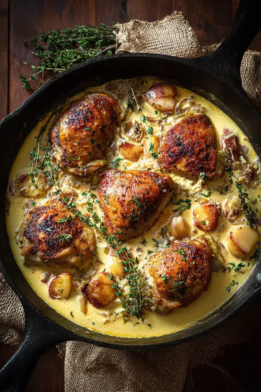 Apple Cider Chicken Skillet served family-style with seasonal sides