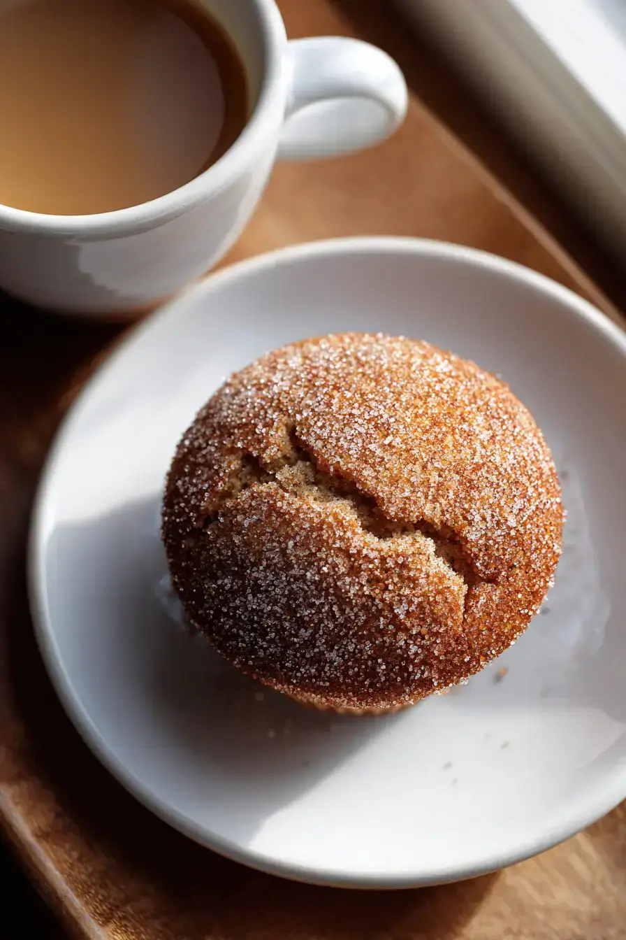 A cozy breakfast spread with warm apple cider donut muffins, fresh coffee, and a small jug of apple cider