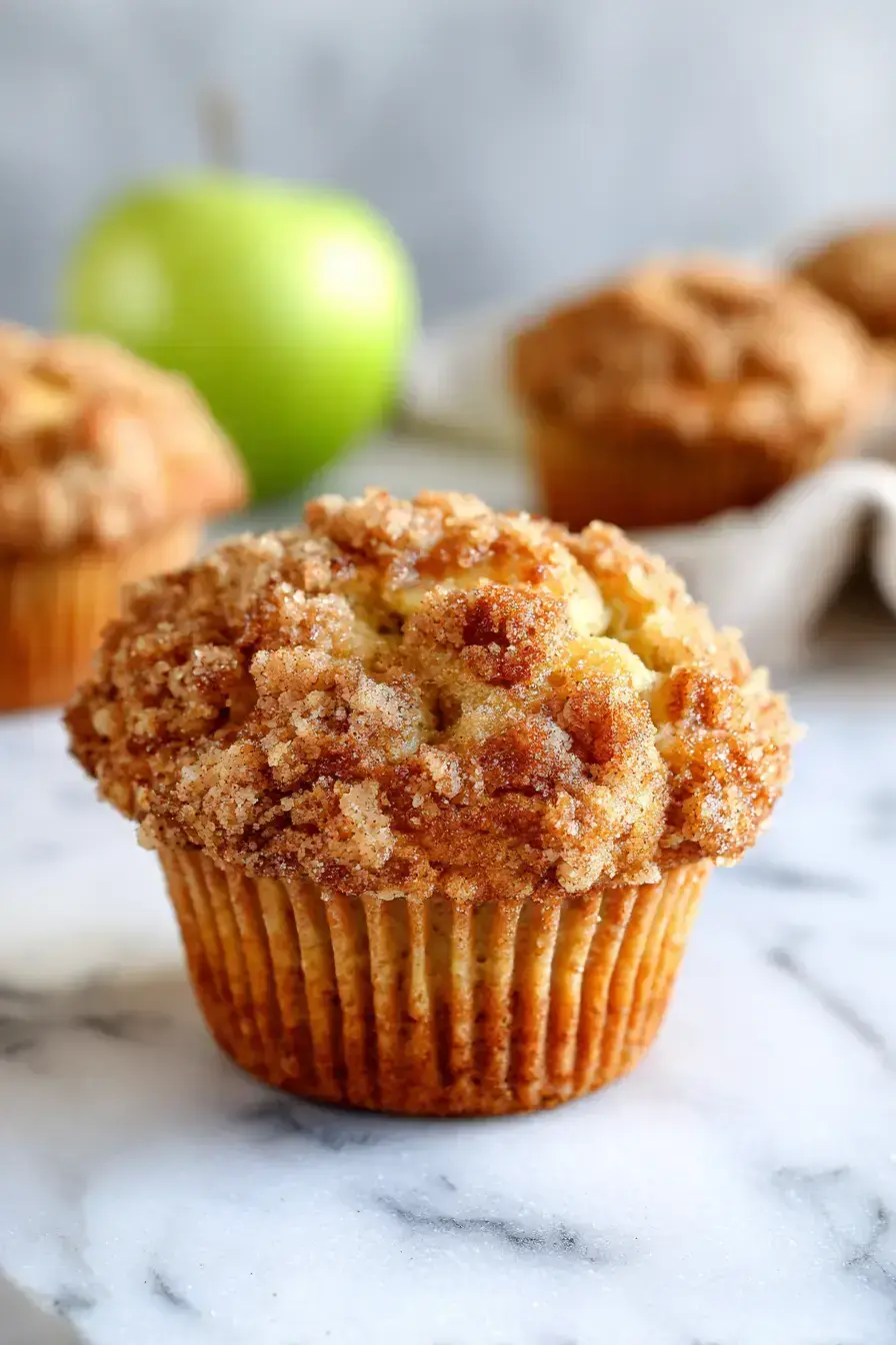 Apple Cinnamon Streusel Muffins served on a rustic wooden board with coffee and fresh apples