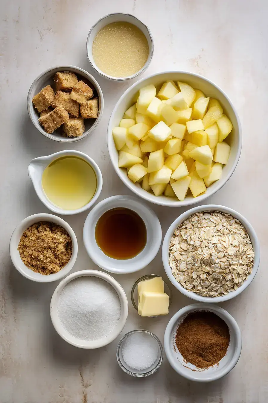 Ingredients for apple crisp mini cheesecakes laid out neatly