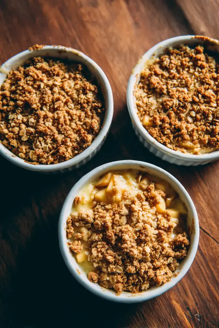 Beautifully plated apple crisp mini cheesecakes with caramel drizzle and apple slice garnish