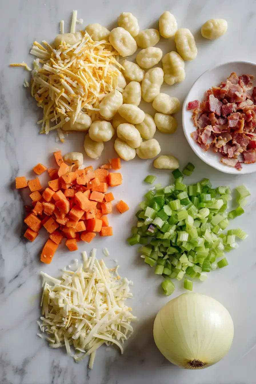 Ingredients for bacon cheddar gnocchi soup laid out on a kitchen counter