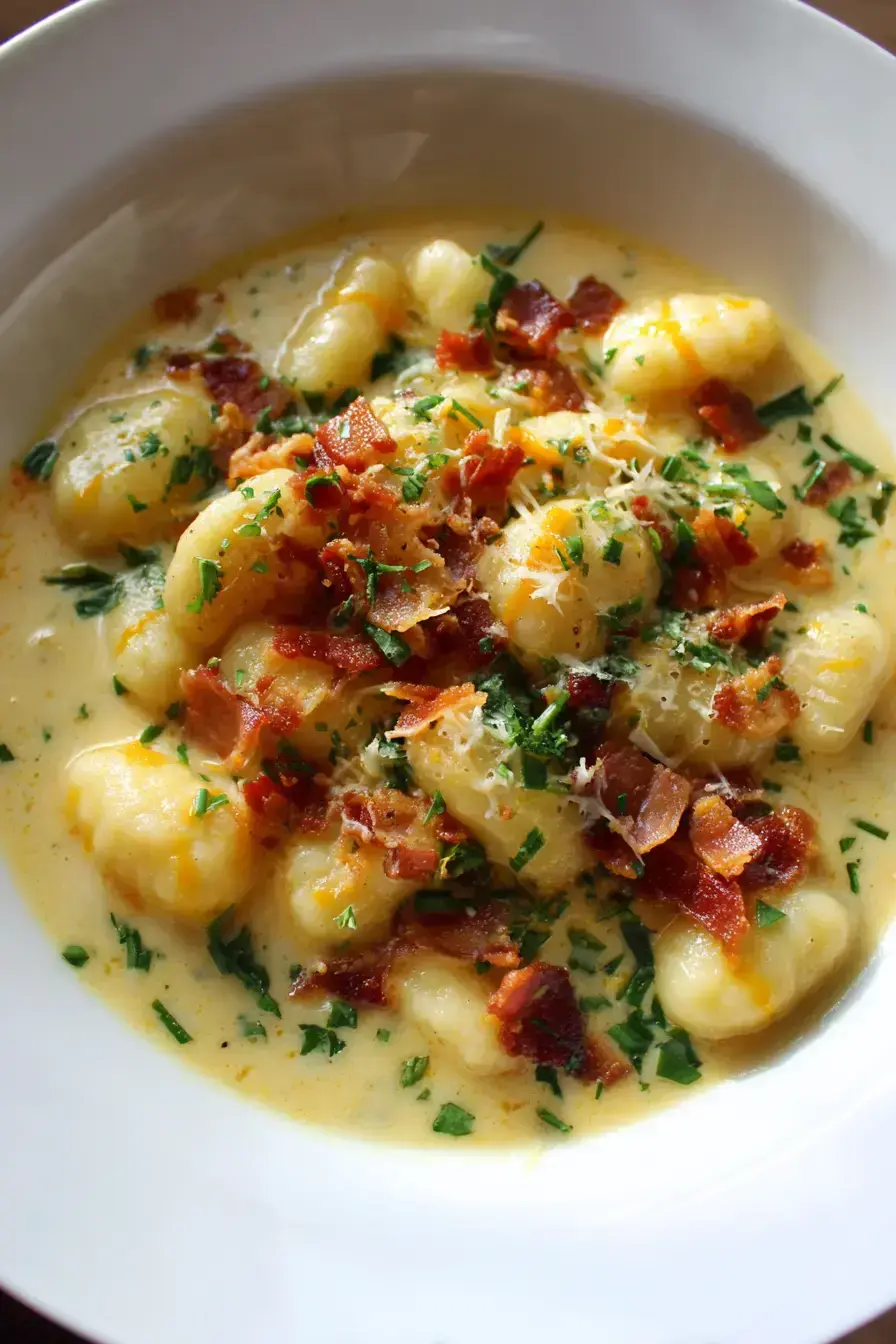 Bacon cheddar gnocchi soup served with crusty bread and fresh salad on the side