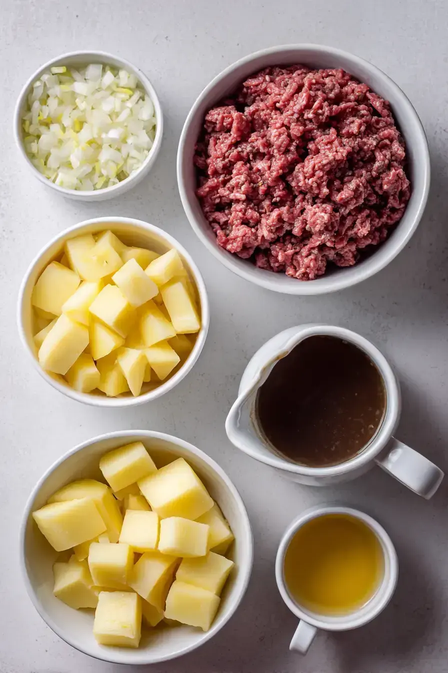 Ingredients for a delicious beef and potato soup laid out on a wooden table