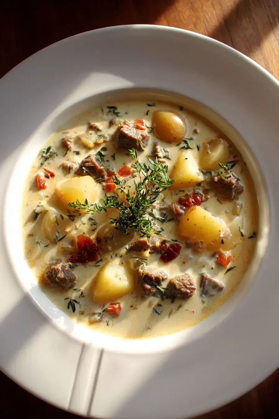 A comforting bowl of beef and potato soup served with crusty bread on a wooden table