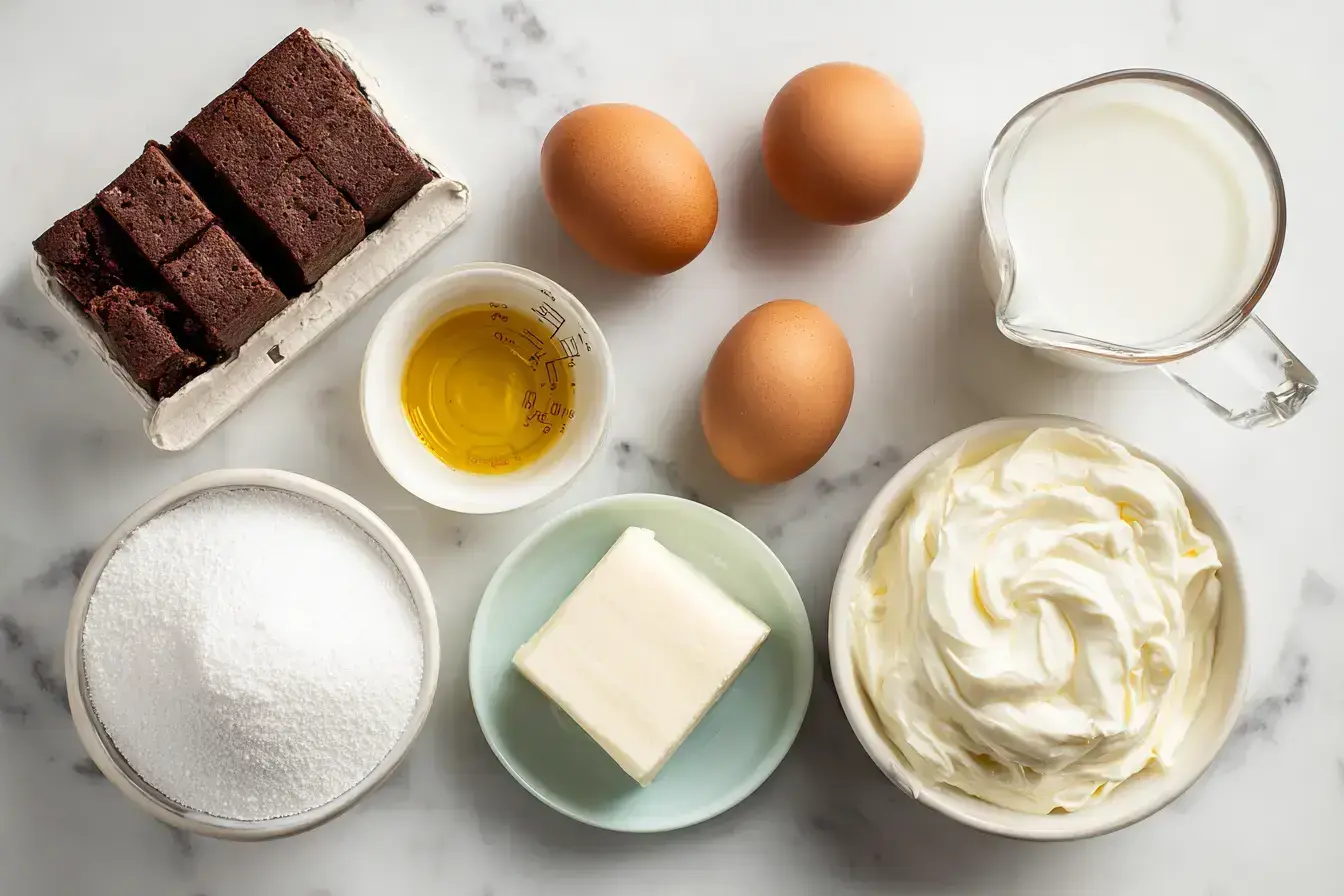 Ingredients for Brownie Refrigerator Cake including brownie mix, cream cheese, and chocolate chips