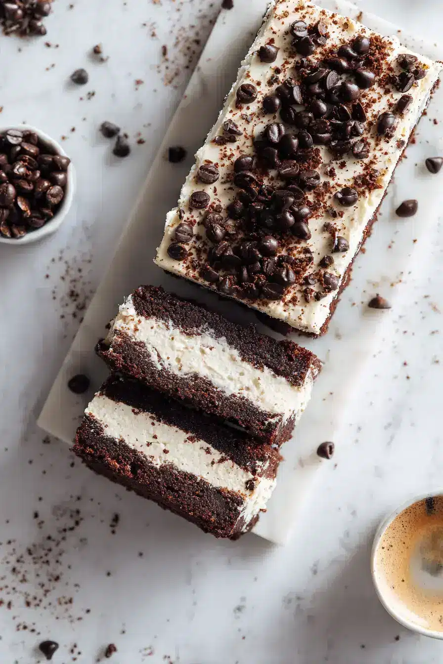 Beautifully served Brownie Refrigerator Cake slice with fresh berries and mint garnish