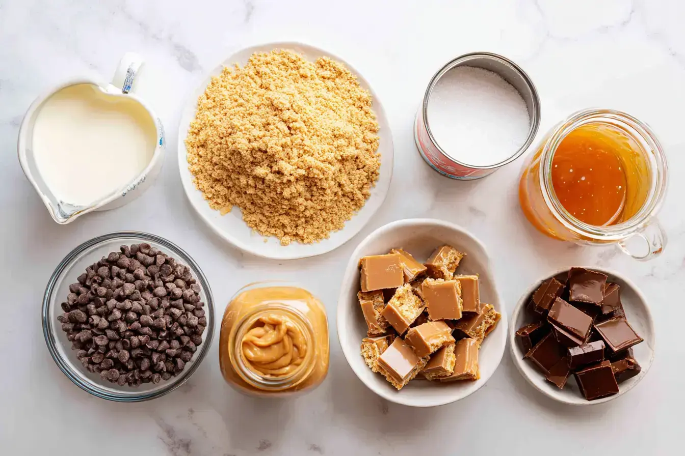 Butterfinger Caramel Crunch Bars ingredients arranged for preparation
