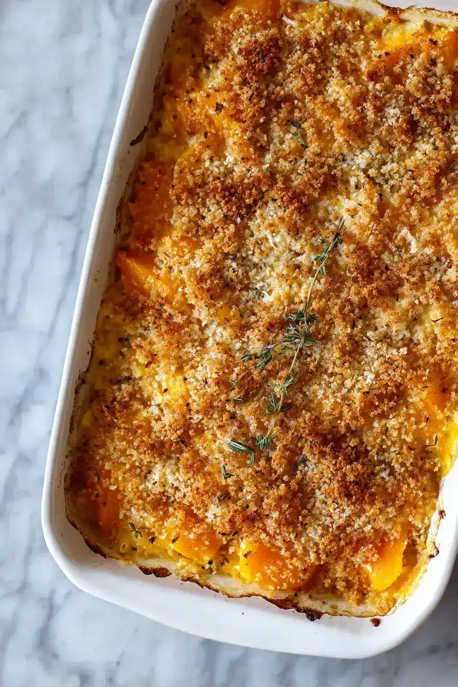 Butternut squash gratin served on a holiday table with roasted chicken