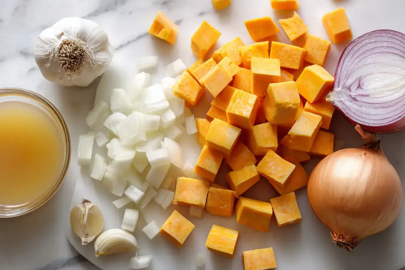 Ingredients for Butternut Squash and Sweet Potato Soup on a kitchen counter