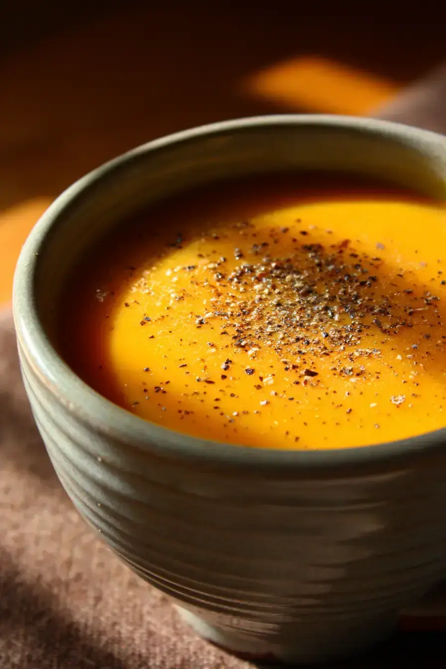 A warm bowl of Butternut Squash and Sweet Potato Soup garnished with pepitas and a swirl of cream