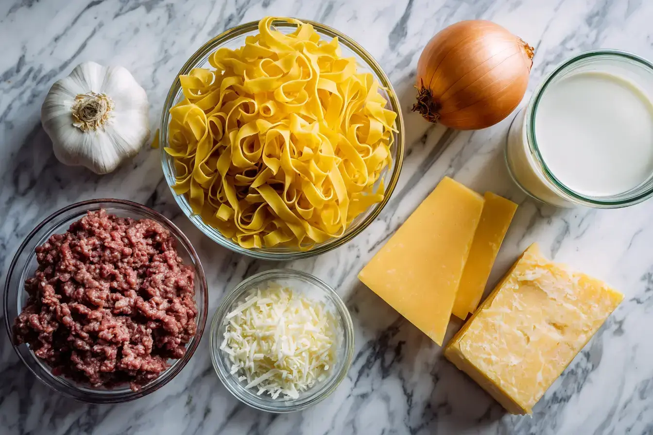 Ingredients for making easy Cheeseburger Alfredo Pasta on a wooden table
