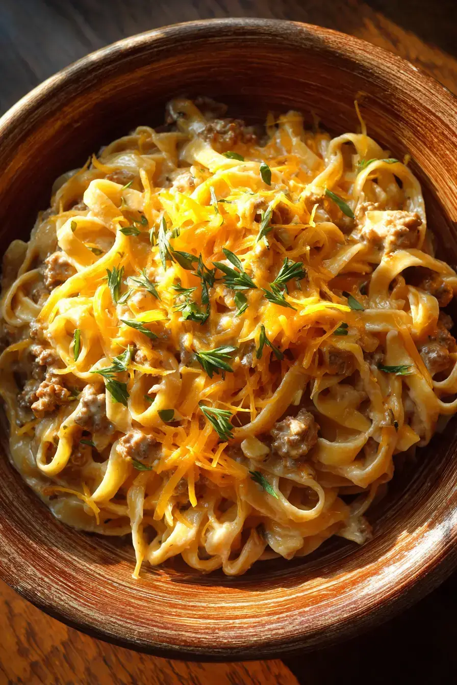 A beautifully served plate of Cheeseburger Alfredo Pasta with a fresh side salad