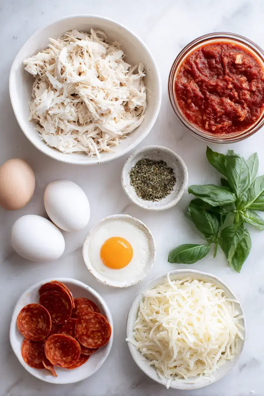 Ingredients for making a healthy chicken crust pizza on a wooden table