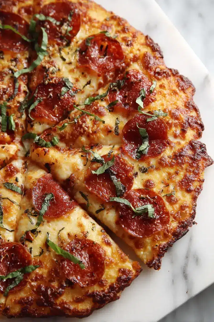 A beautifully served Chicken Crust Pizza slice with fresh basil and a side salad