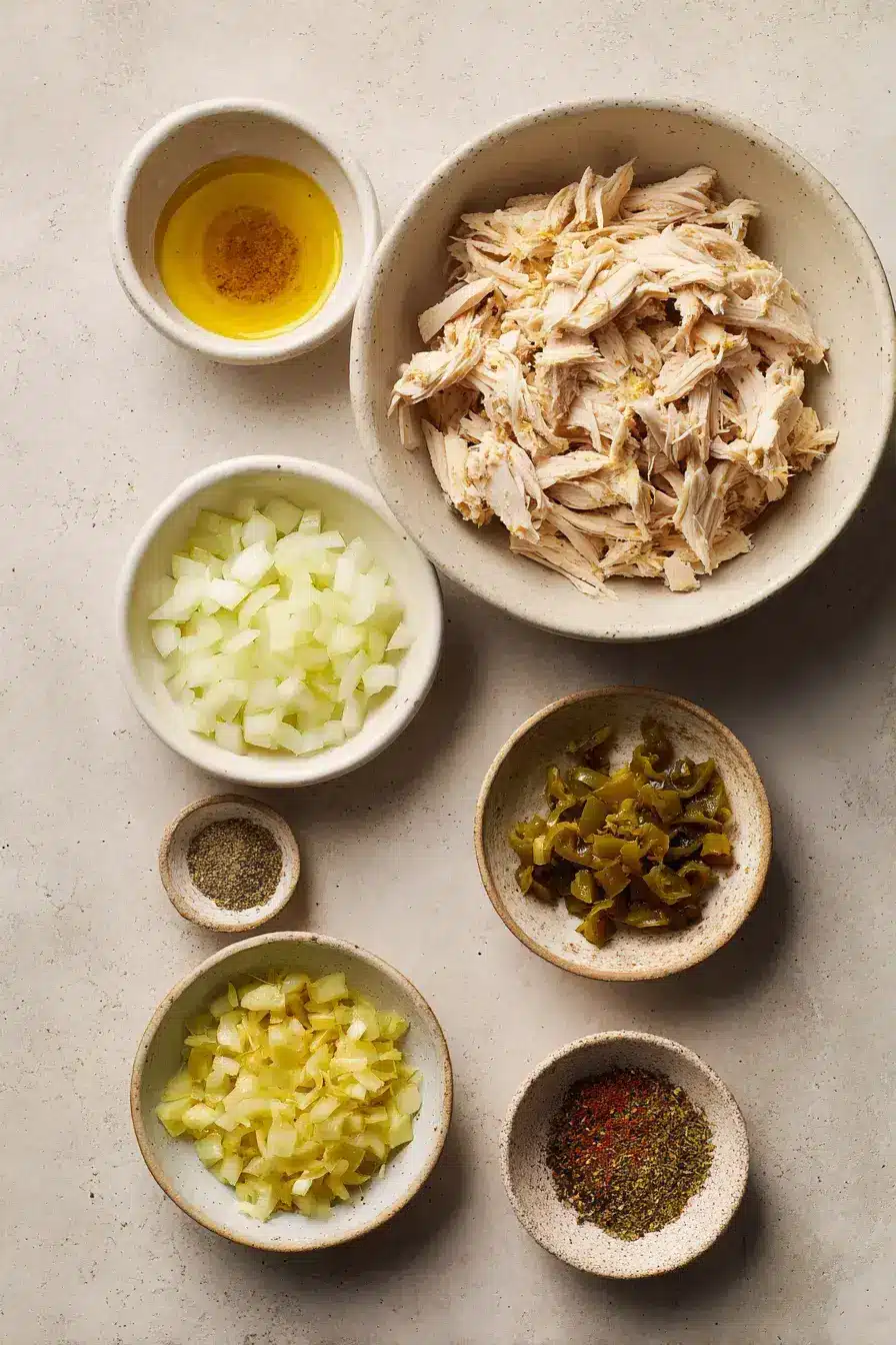 Ingredients for making homemade chicken enchiladas with cumin and green chiles