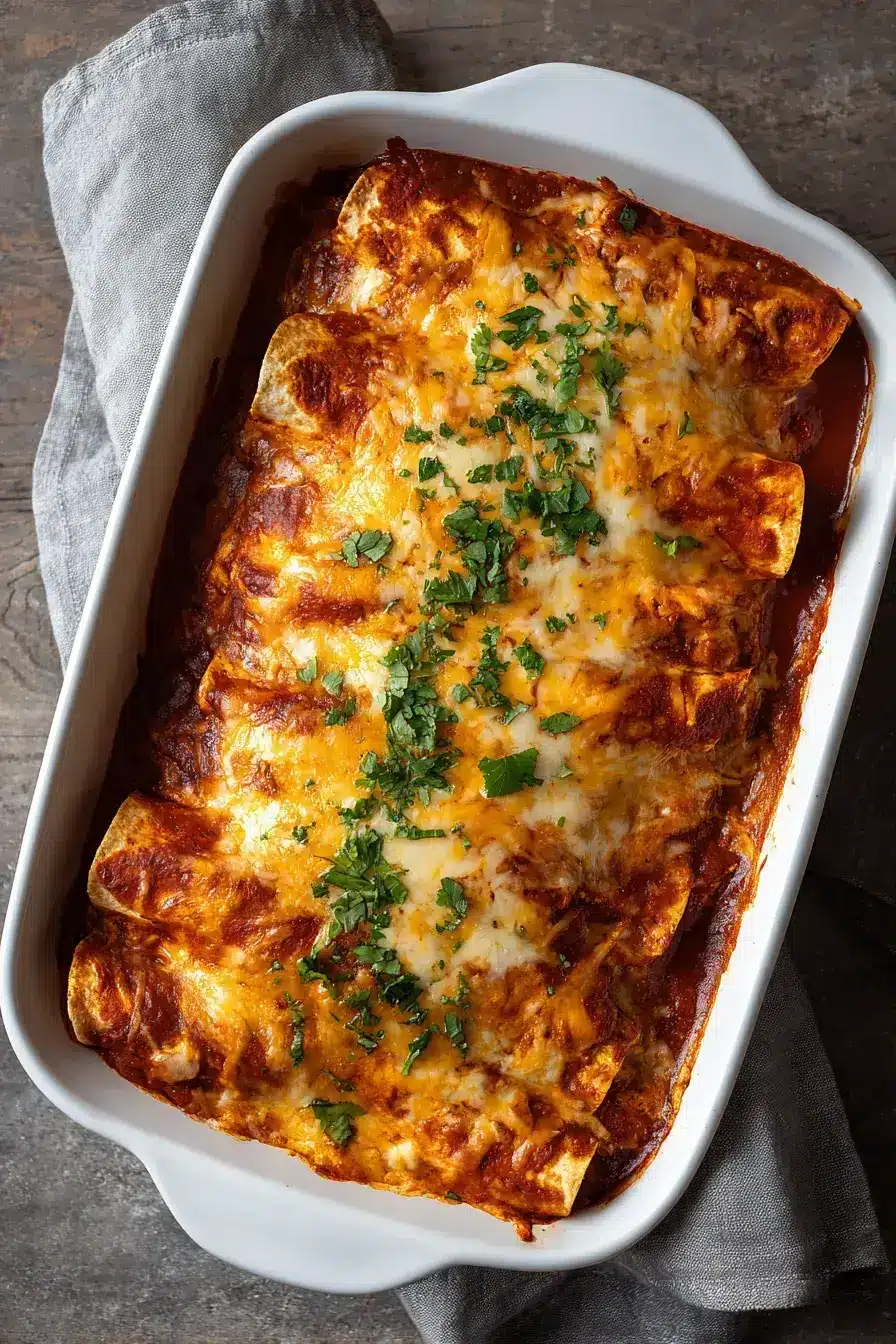 A beautiful serving platter of chicken enchiladas with fresh cilantro and lime wedges
