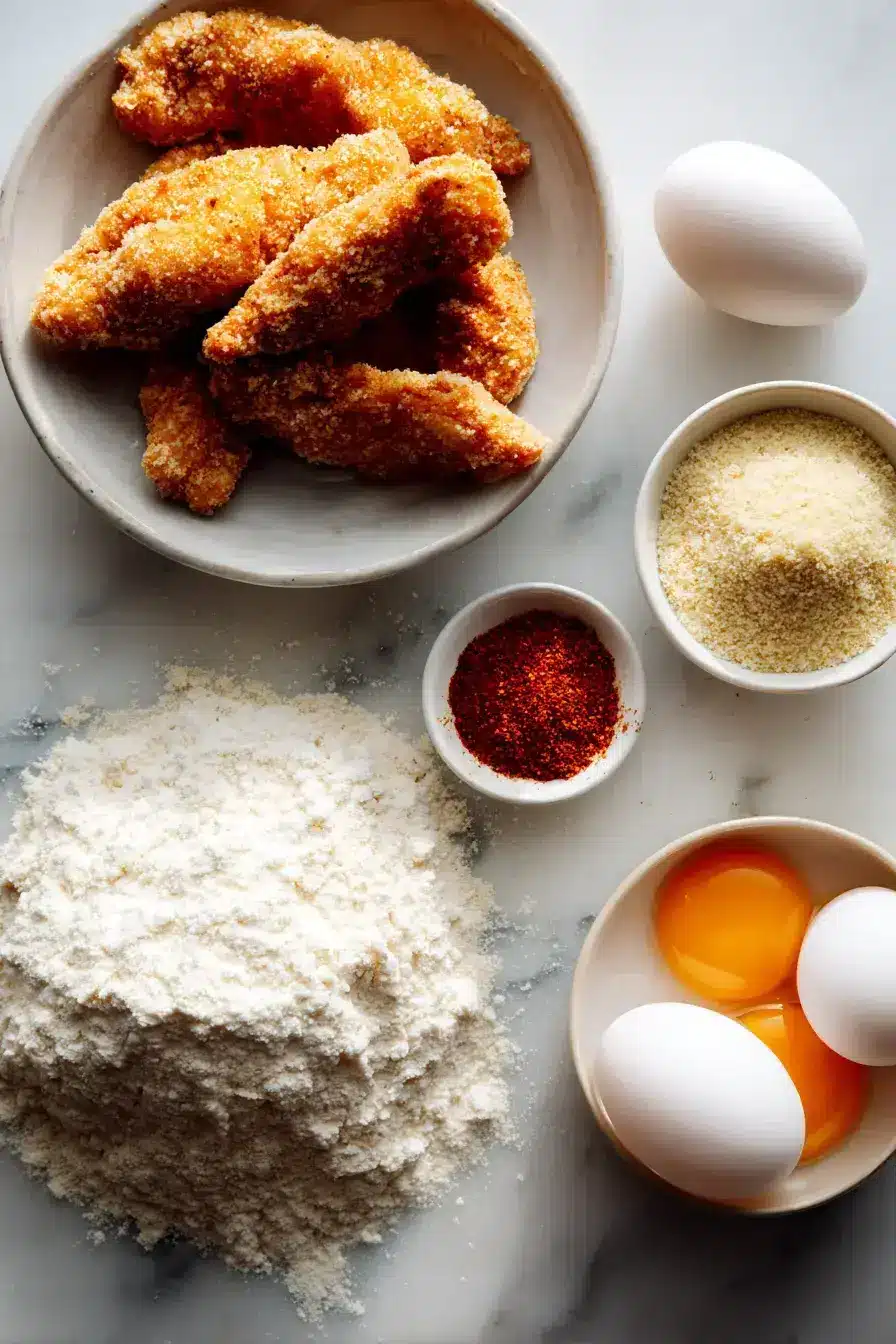 Ingredients for homemade chicken tenders laid out on a wooden table