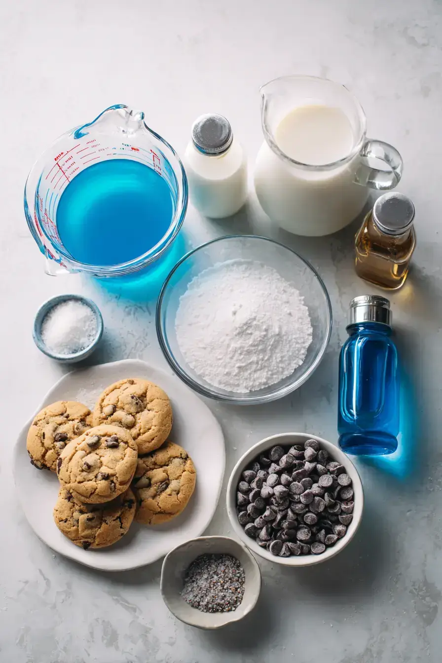 Assembled Cookie Monster Ice Cream ingredients on a rustic kitchen counter