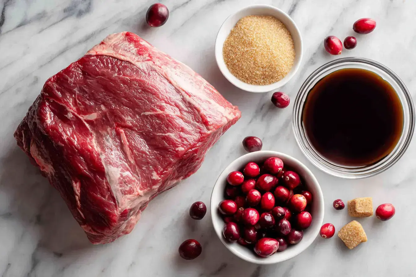 Ingredients for making Cranberry Balsamic Roast Beef arranged on a table