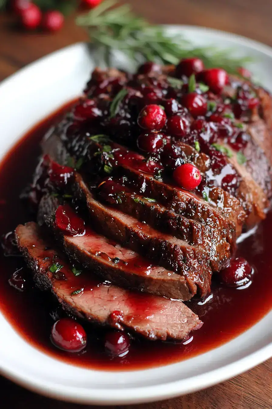 Sliced Cranberry Balsamic Roast Beef plated with seasonal side dishes for a holiday feast