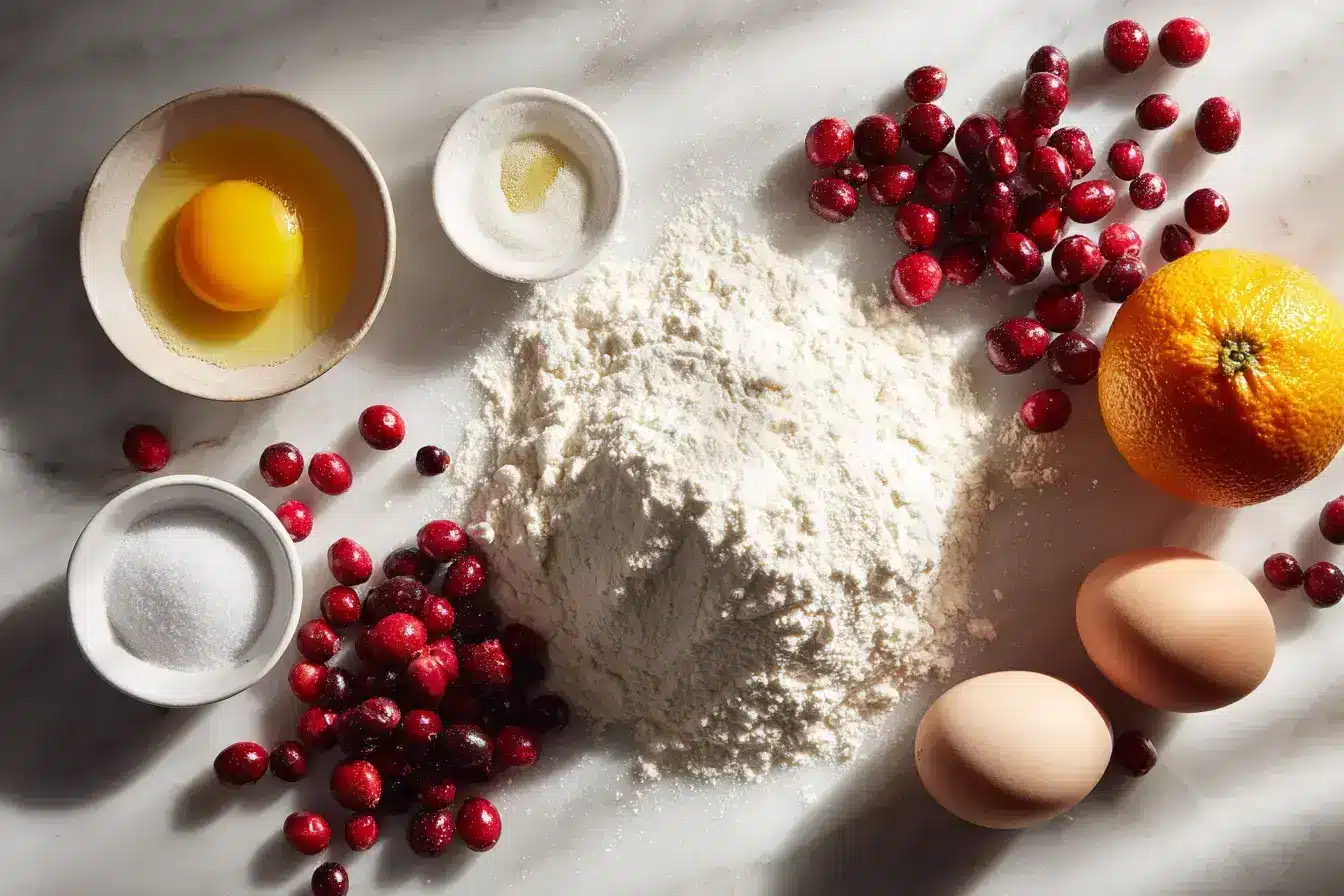 Ingredients lined up for making a Cranberry Orange Breakfast Cake