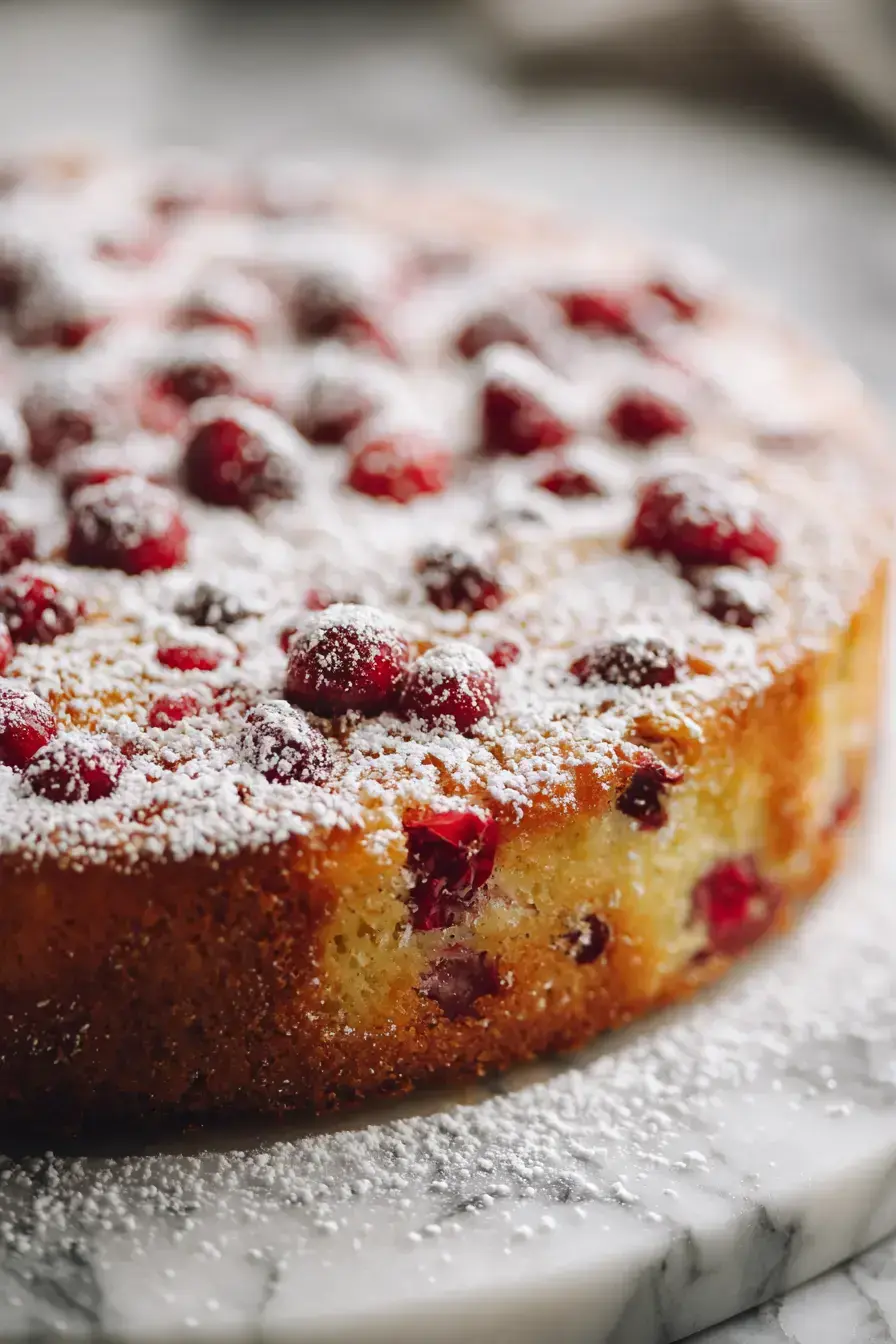 Slice of Cranberry Orange Breakfast Cake served on a festive plate with coffee in the background