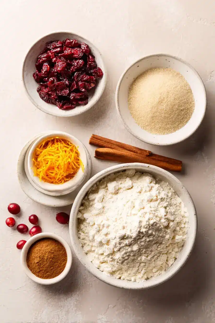 Ingredients for making Cranberry Orange Cinnamon Rolls on a rustic table