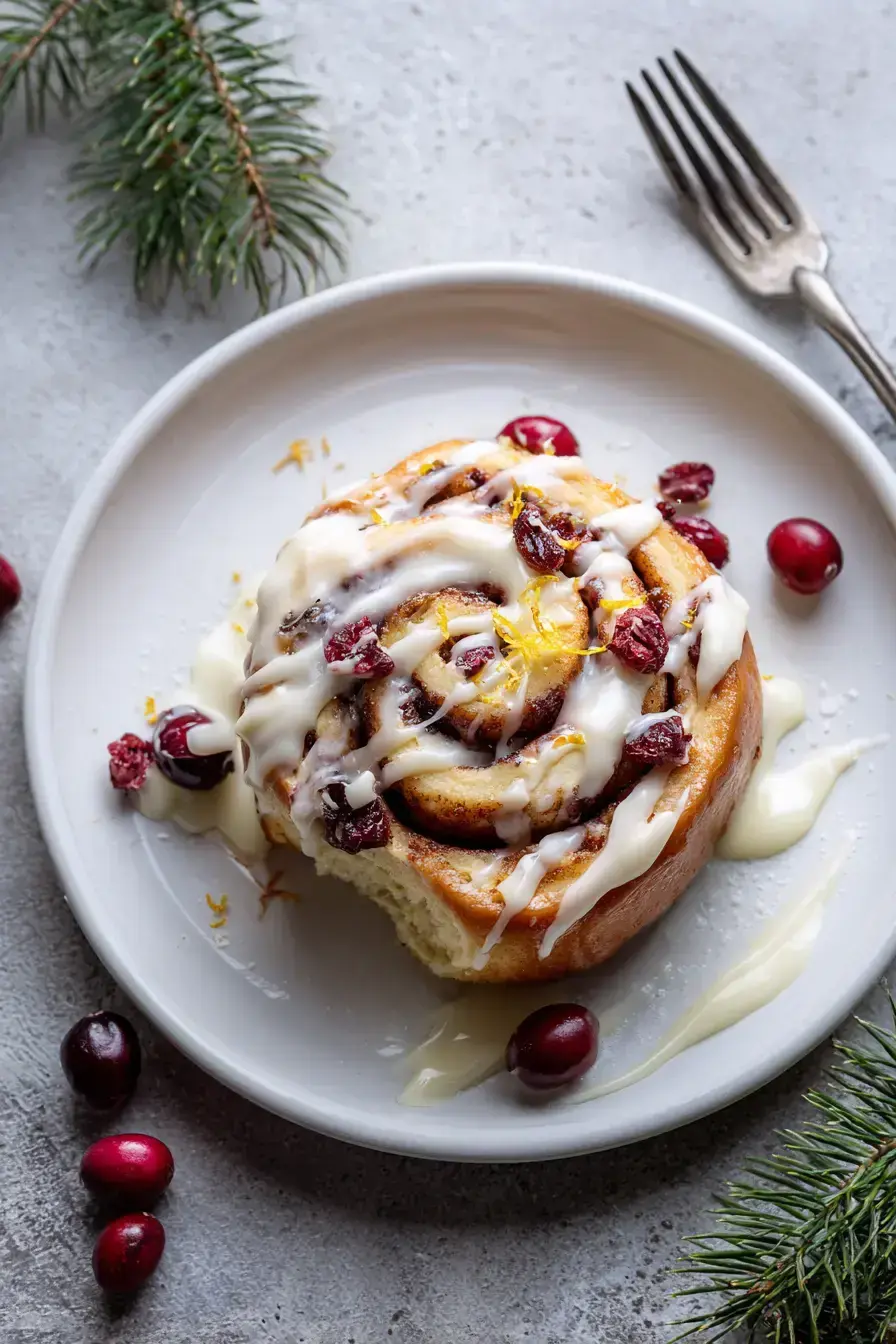 Freshly baked Cranberry Orange Cinnamon Rolls served on a wooden board with orange slices