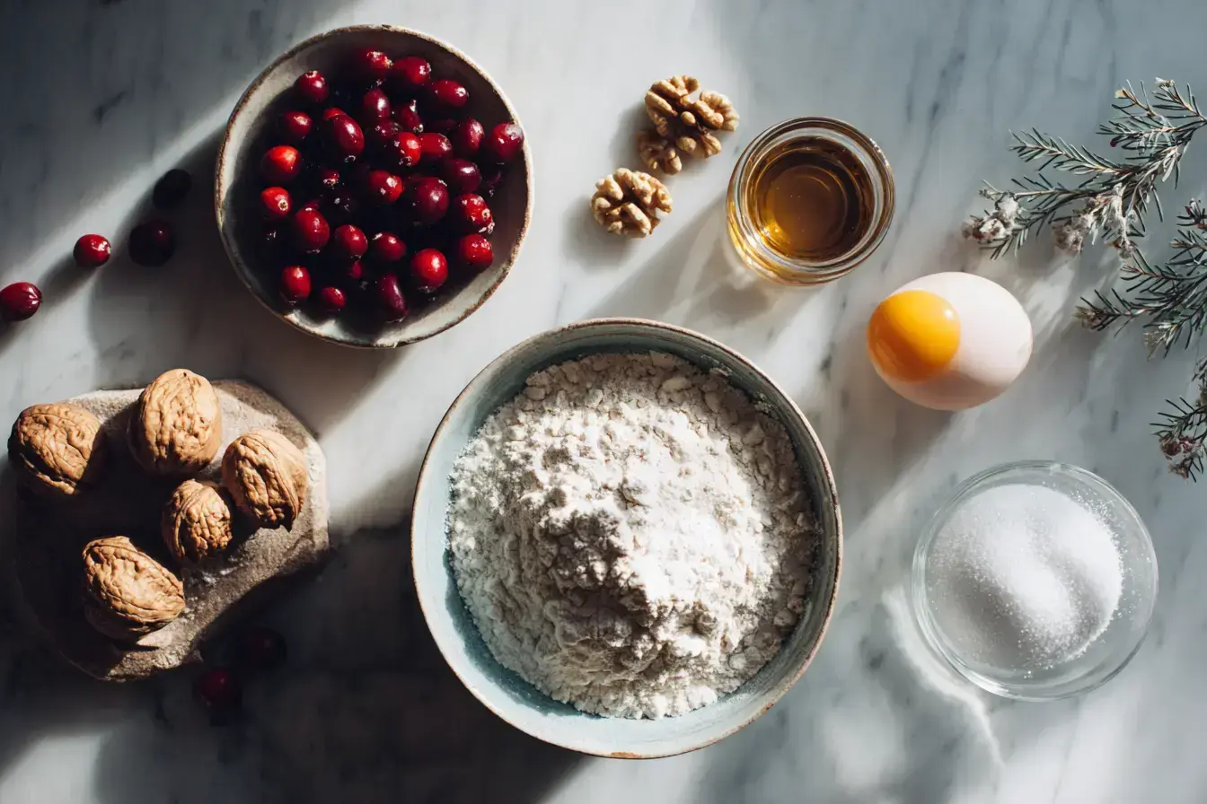 Ingredients for making Cranberry Walnut Bread on a wooden table