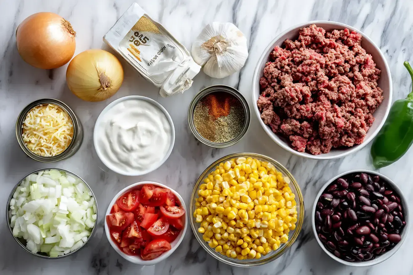 Ingredients for a creamy cowboy soup recipe laid out on a counter