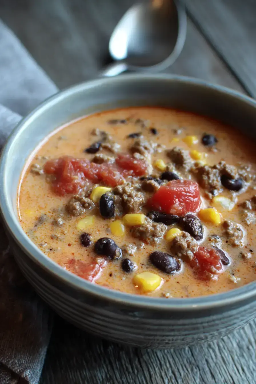 Creamy Cowboy Soup served in a rustic bowl with toppings