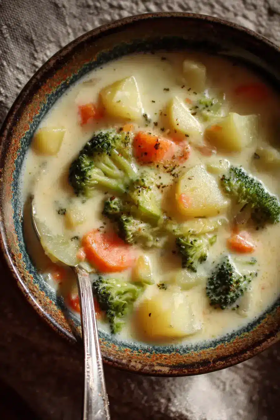 Creamy vegetable soup served with crusty bread and fresh herbs