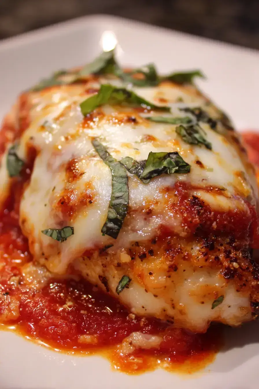 Serving beautiful crockpot chicken parmesan with pasta and fresh basil garnish