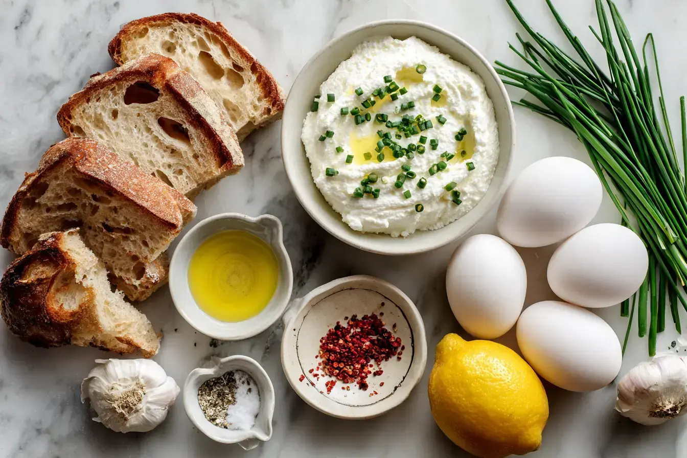 All the fresh ingredients for Egg Ricotta Toast laid out on a counter.