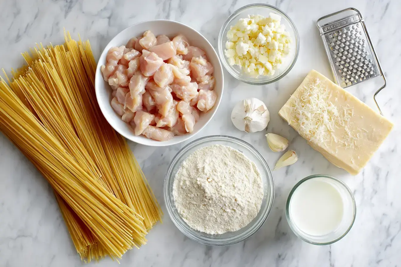 All the fresh ingredients laid out for making garlic parmesan chicken spaghetti