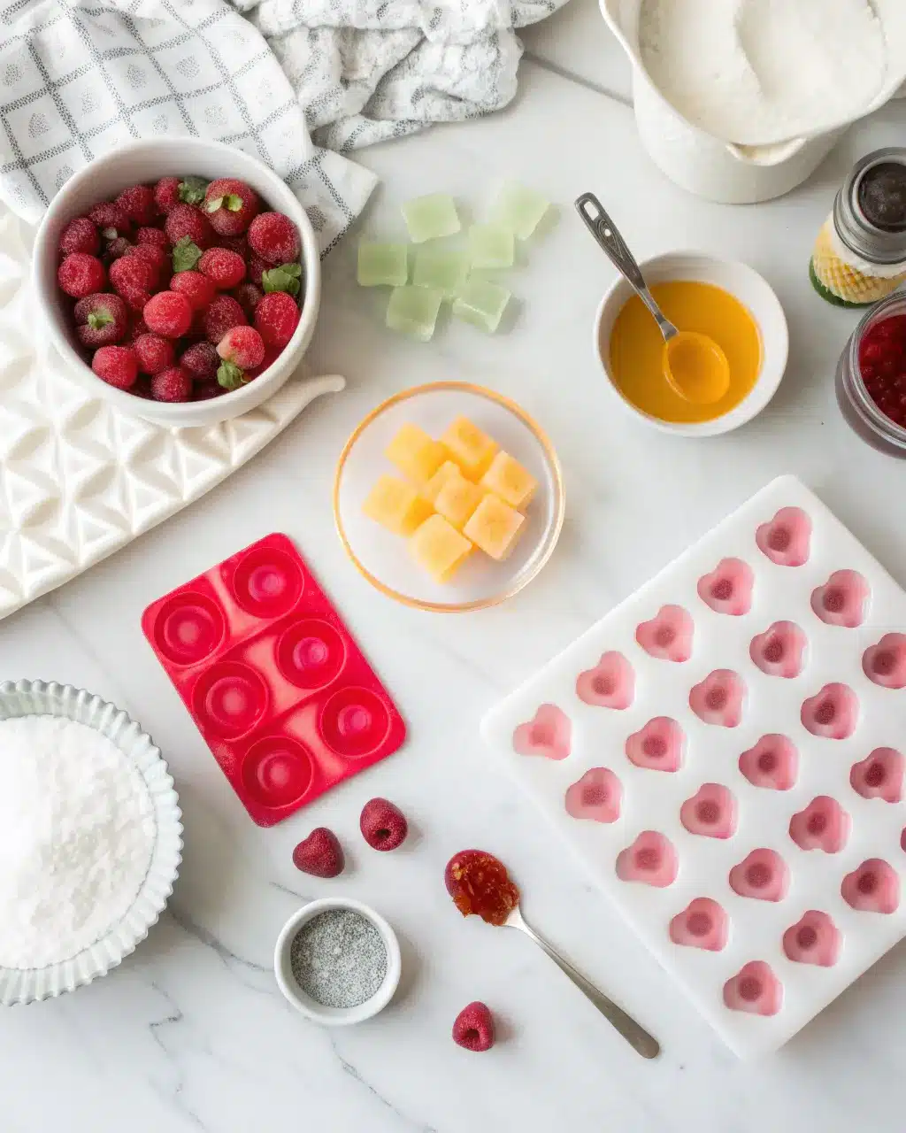 Ingredients for making homemade gelatin gummies on a wooden table