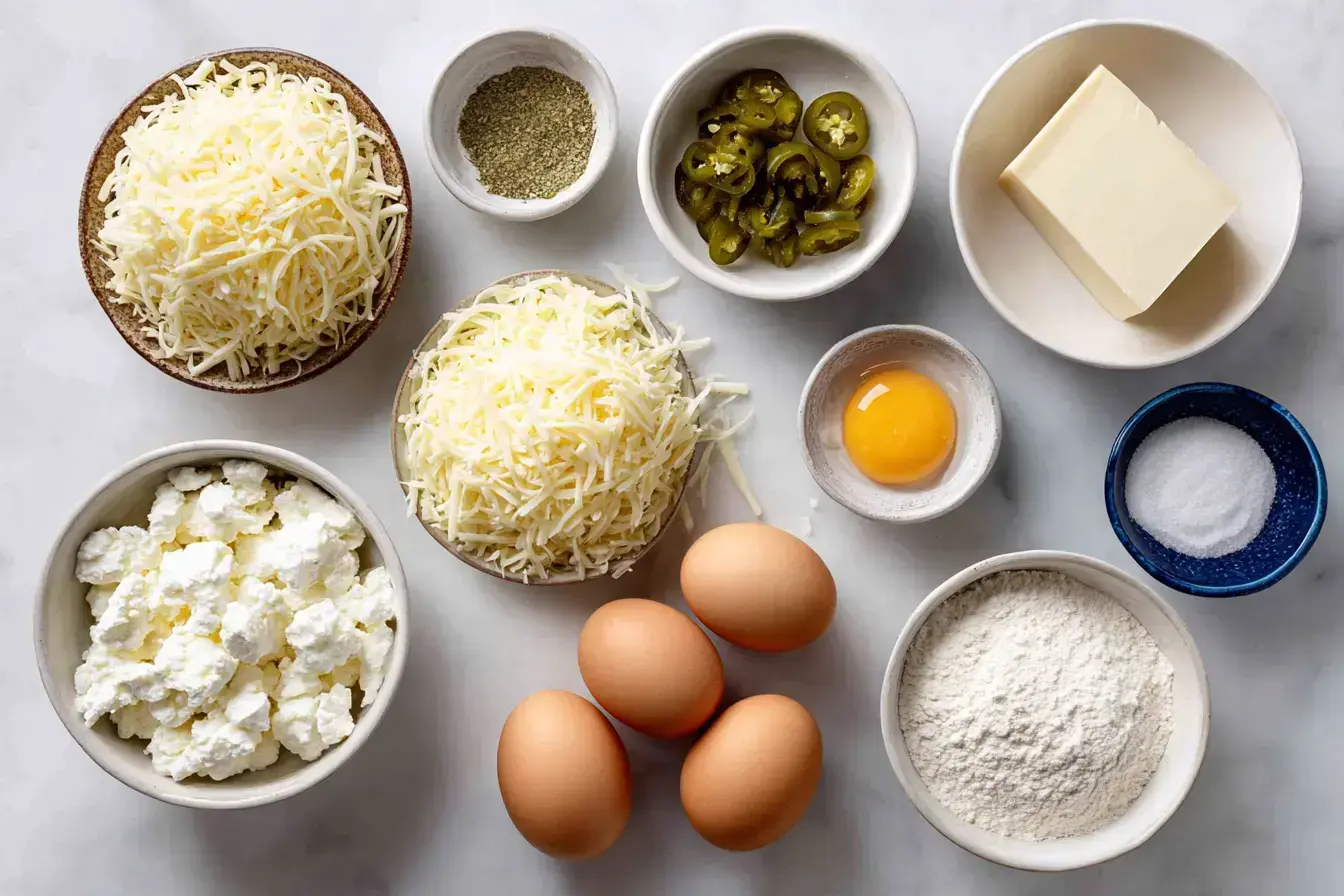 All the simple ingredients for Jalapeno Cheese Squares laid out on a rustic kitchen counter