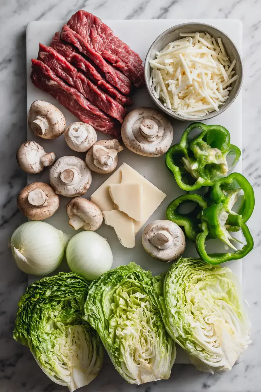 Keto Philly Cheesesteak Rolls ingredients laid out on a kitchen counter